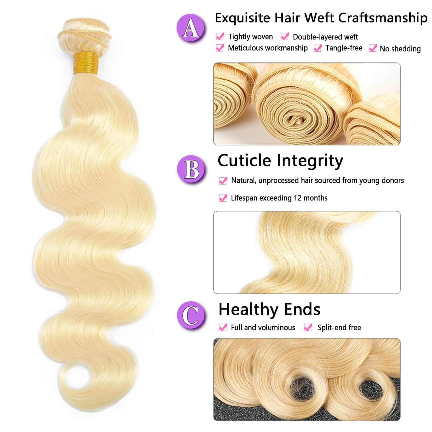 10-30 Inch #613 Body Wave Blonde Remy Human Hair Bundles