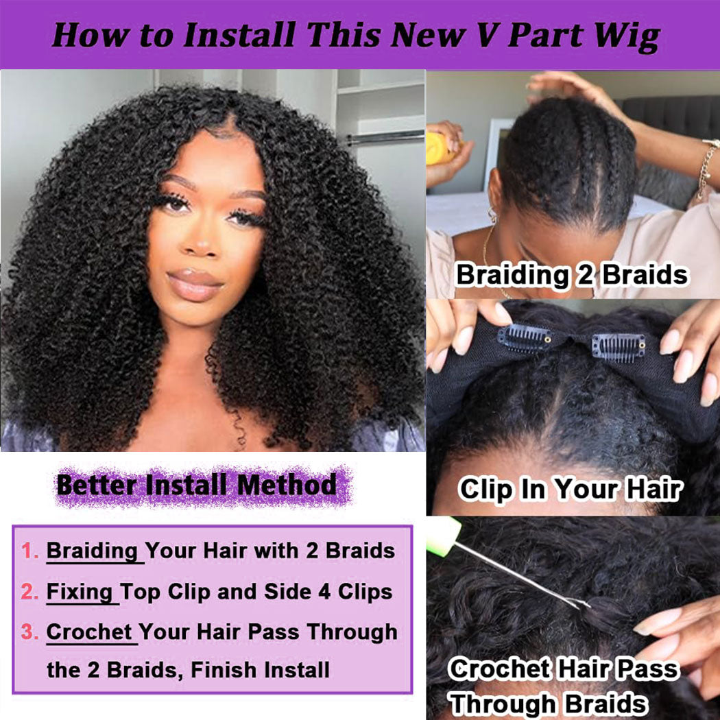 Starhair 10A 180% Average Size V Part Wig Kinky Curly Natural Black