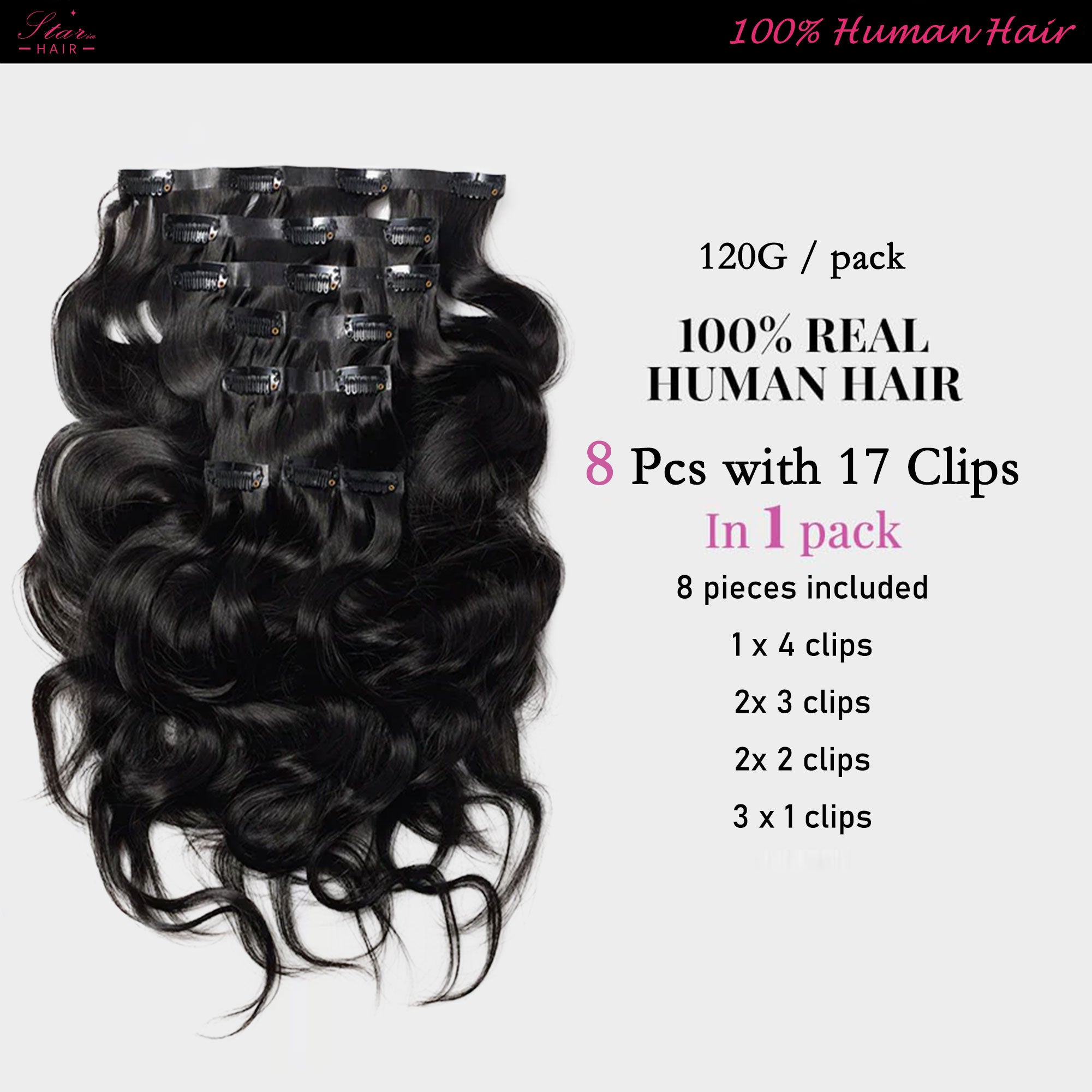 Starhair Seamless Clip In Extensions Body Wave 120G Natural Color