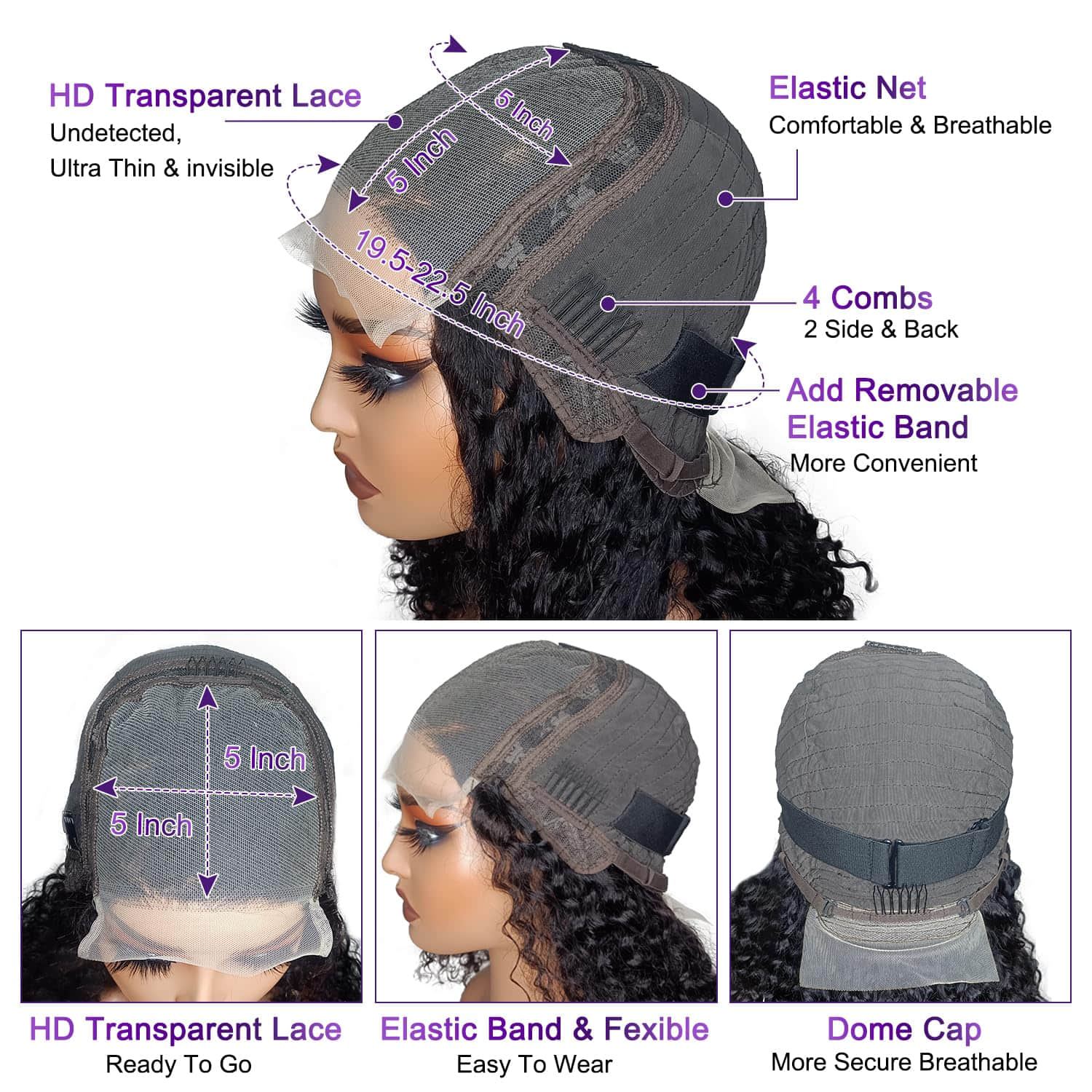  5"x5" Curly Bob Wig Transparent Lace Closure Wig #1B