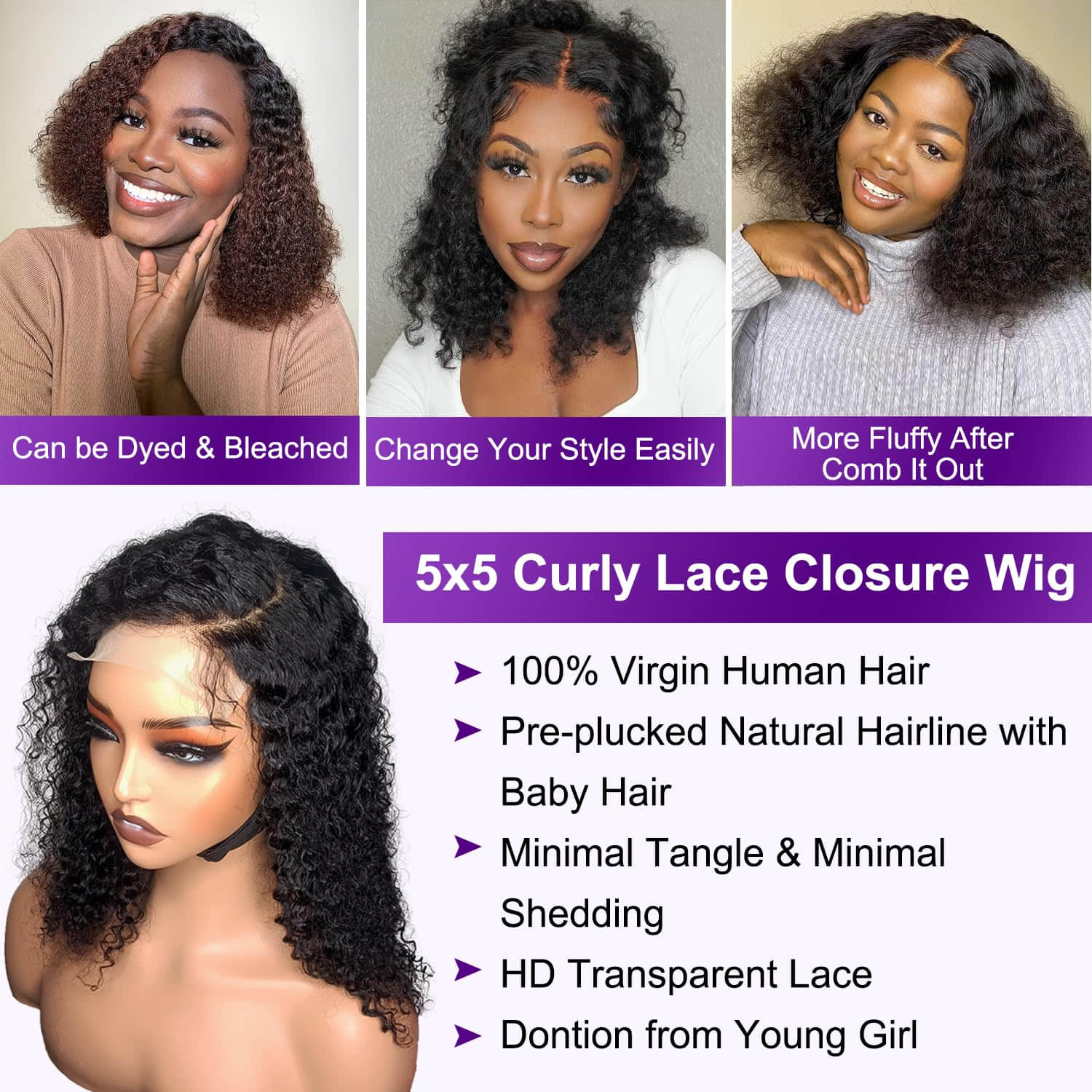  5"x5" Curly Bob Wig Transparent Lace Closure Wig #1B