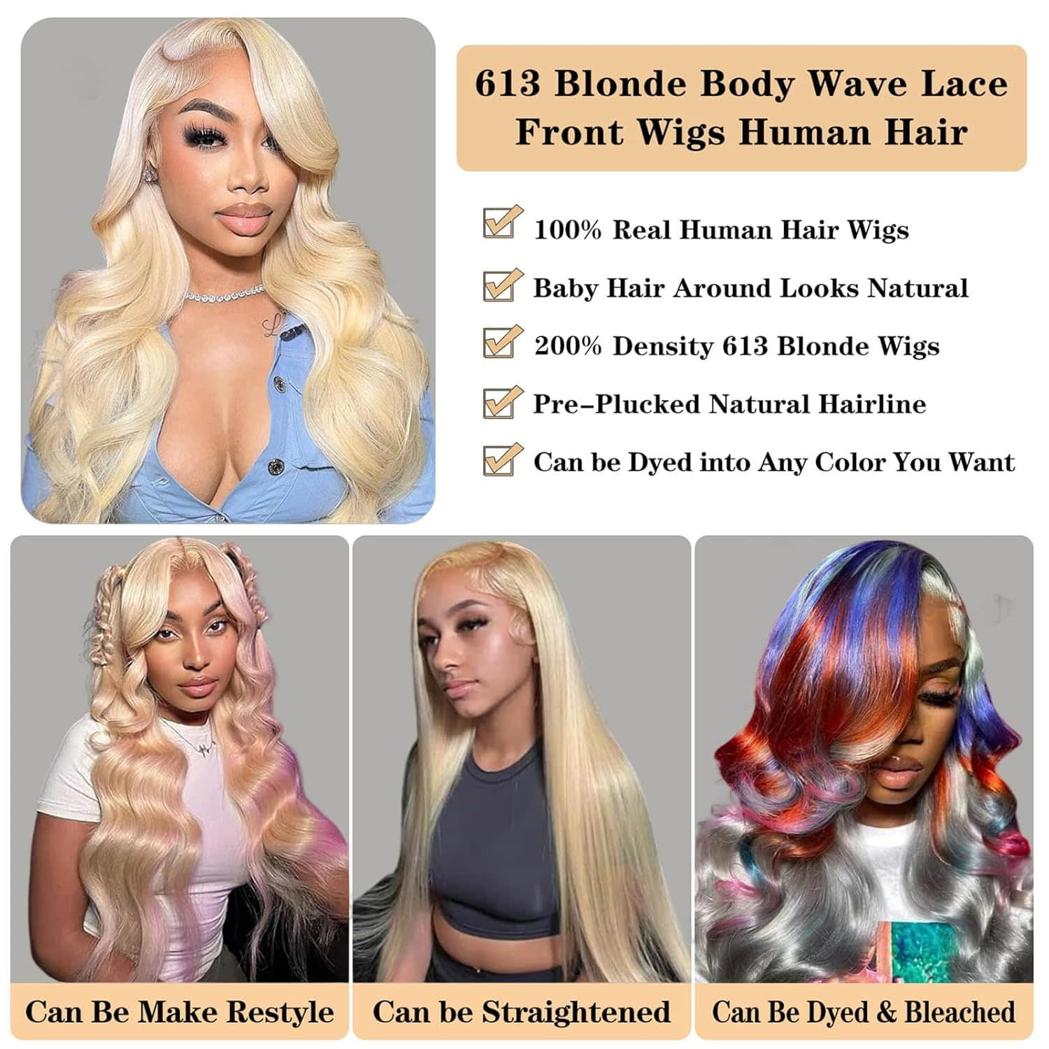 #613 Blonde 13"x4" Body Wave 200% Transparent Lace Frontal Wigs