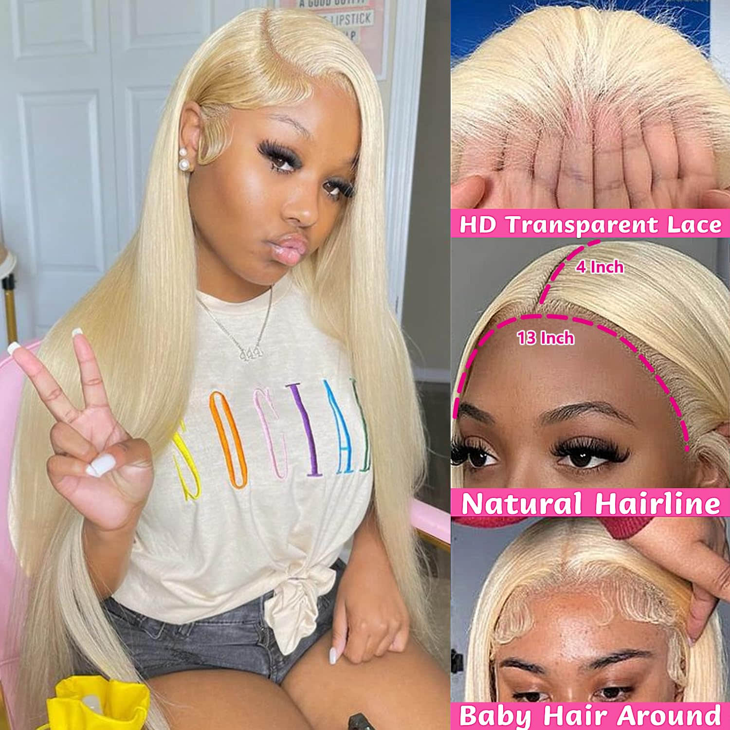 #613 Blonde 13"x4" Straight Transparent Lace Frontal Wigs 150%