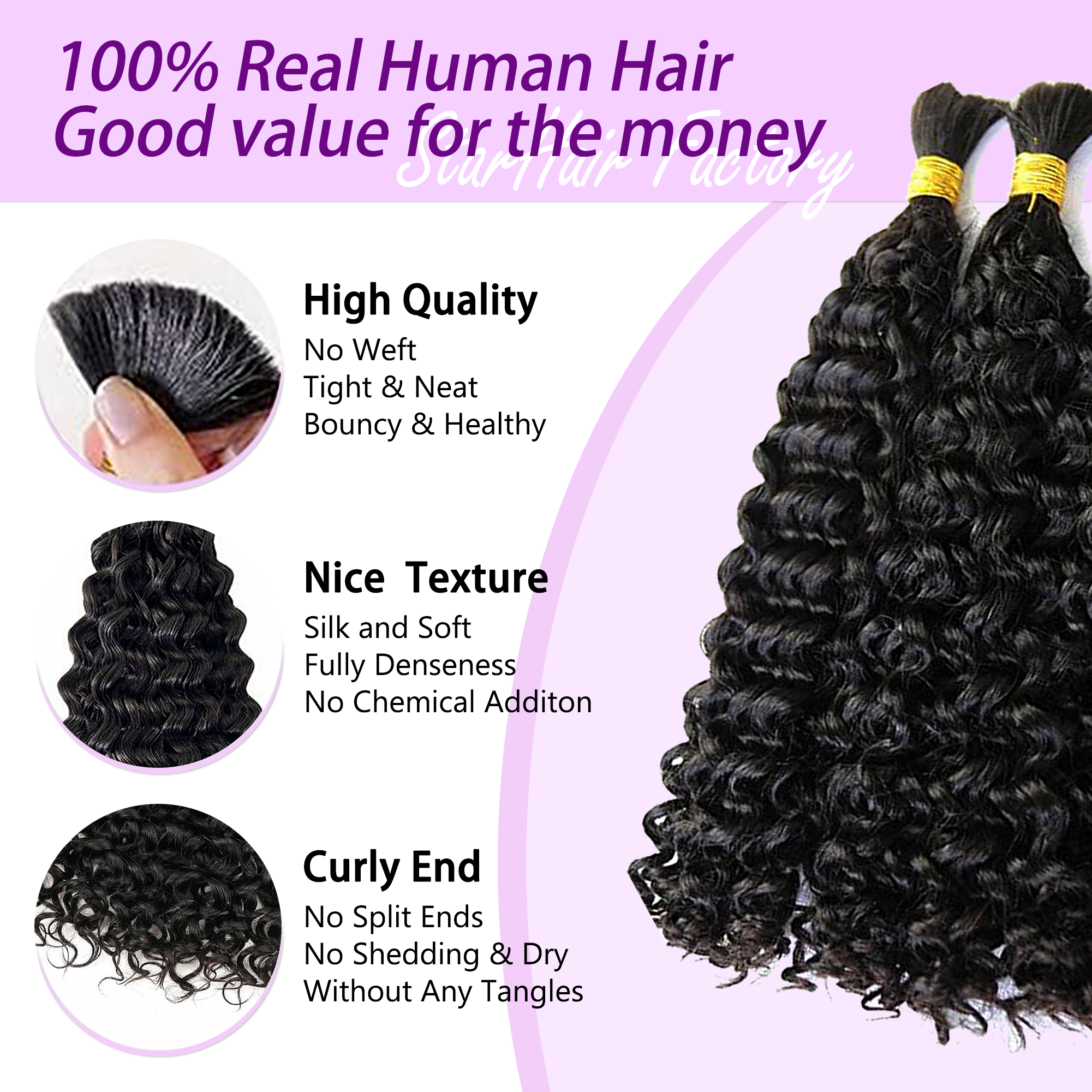 Starhair 14-24 Inch Water Wave Bulk Hair for Braiding #1B