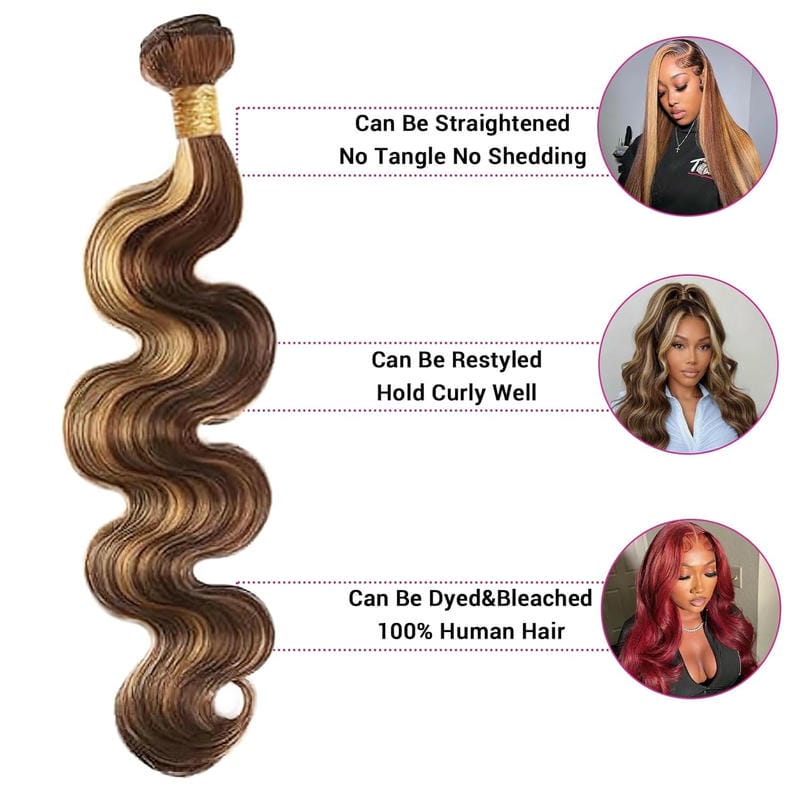 Highlight Body Wave Human Hair Bundles Brown & Honey Blonde 12-28 Inch - Stariahair