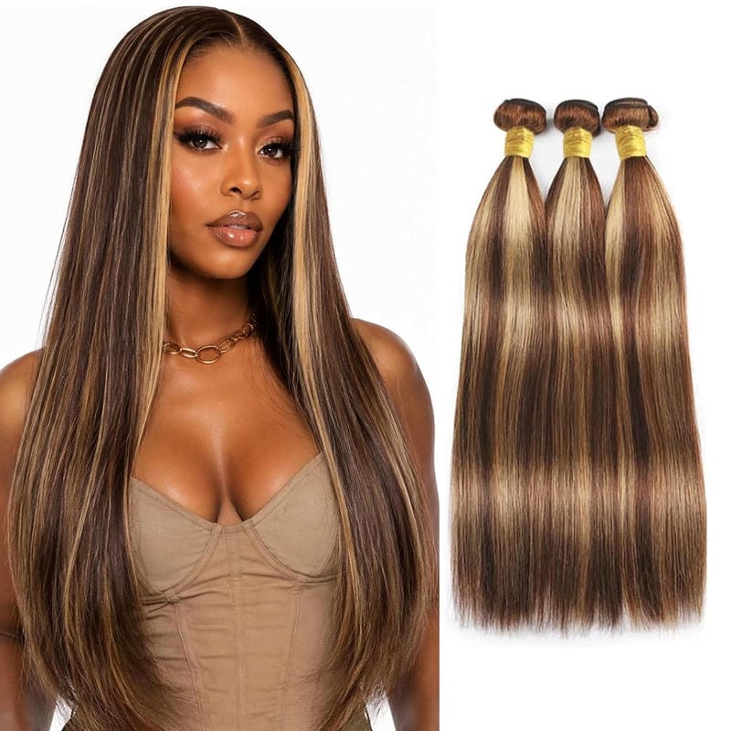 Highlight Straight Human Hair Bundles Brown & Honey Blonde 12-28 Inch - Stariahair