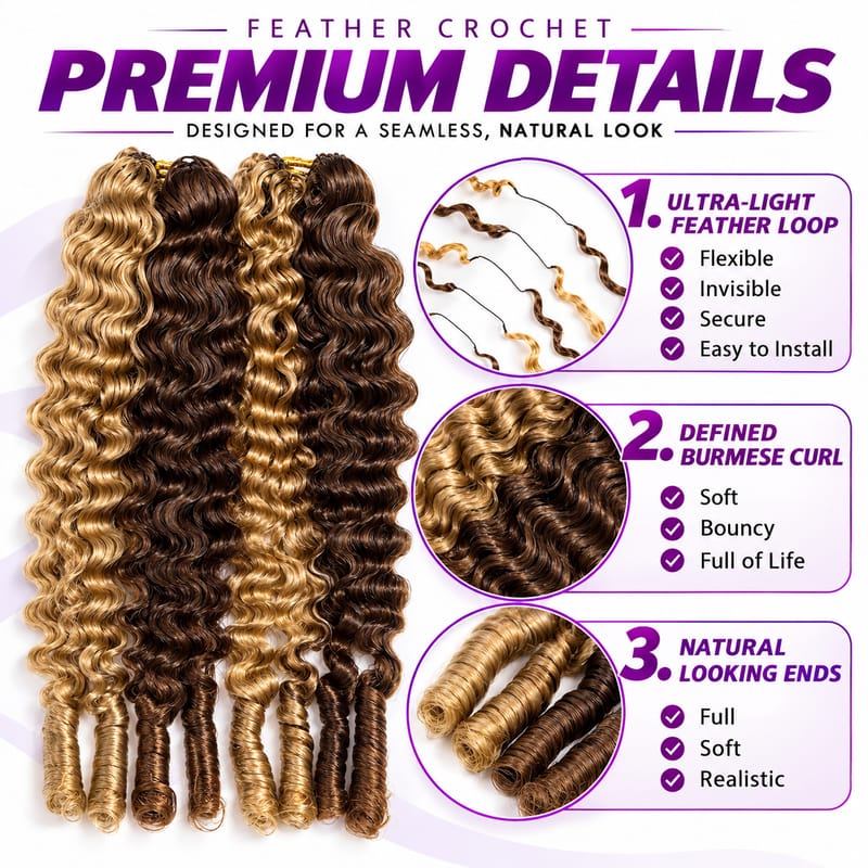 StariaHair Burmese Curly Feather Crochet Human Hair Reusable Extensions Pre-Separated & Lightweight Highlight P4/27